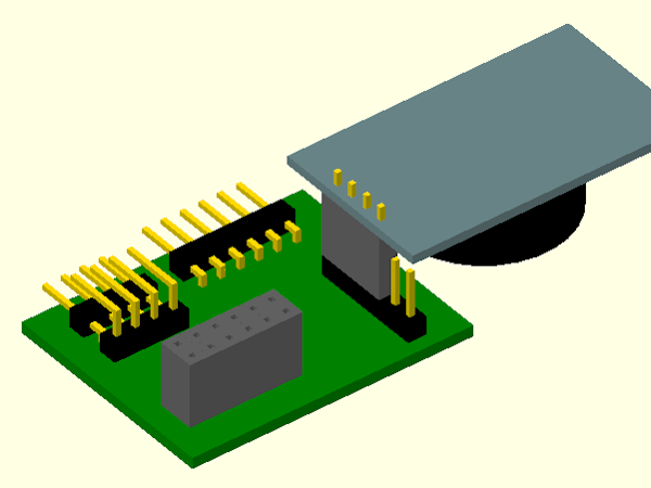 The PCB with the RTC module, OpenSCAD 3D view