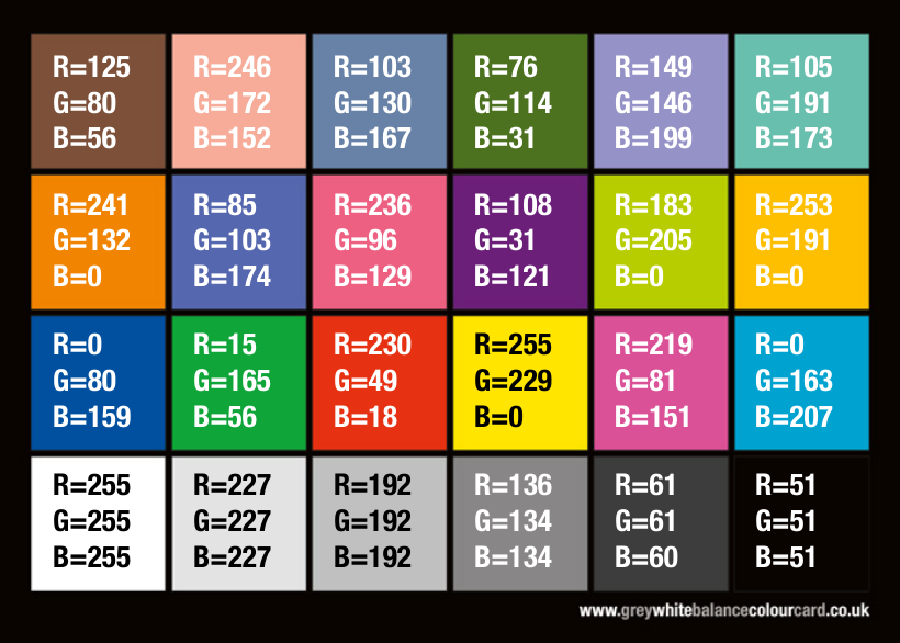 RGB 8bit Values from GWBCC User Manual