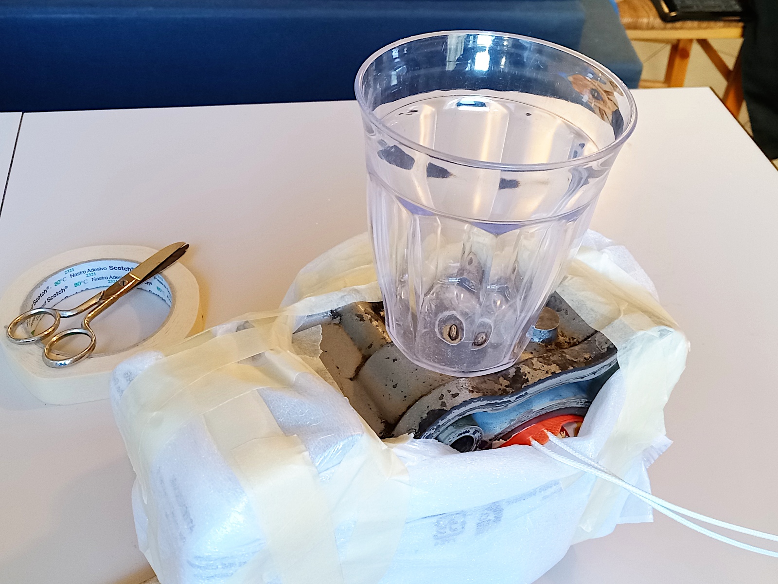 Broken bolt: motorcycle cylinder prepared with alum container and heating pad